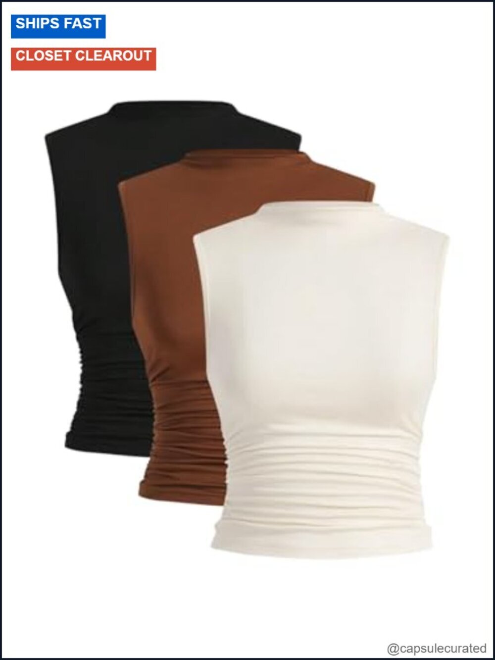 3 Pack Ruched Mock Neck Tank Top Sleeveless Fitted Tops Stretchy